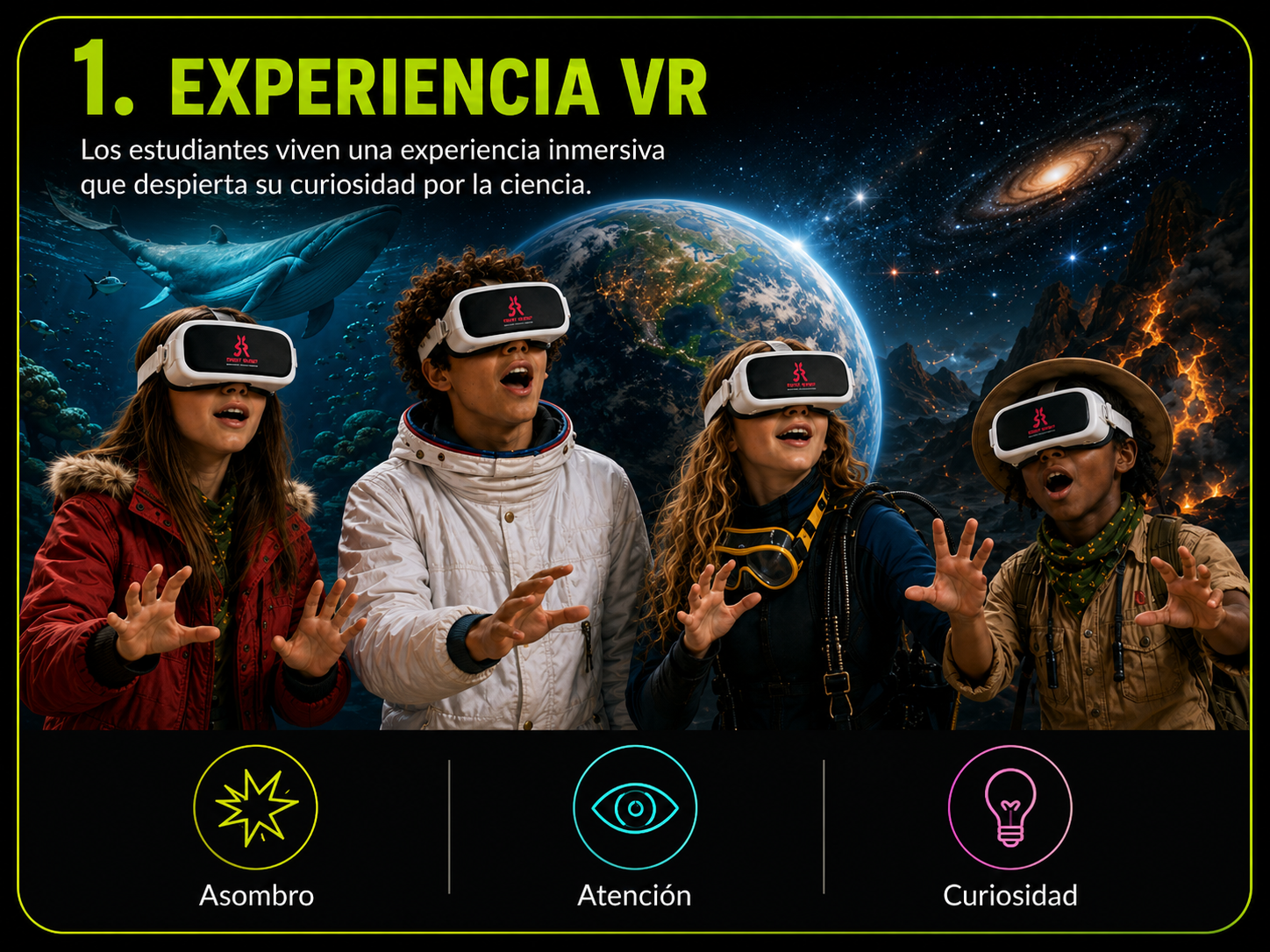 1. Experiencia VR. Los estudiantes viven una experiencia inmersiva que despierta su curiosidad por la ciencia.